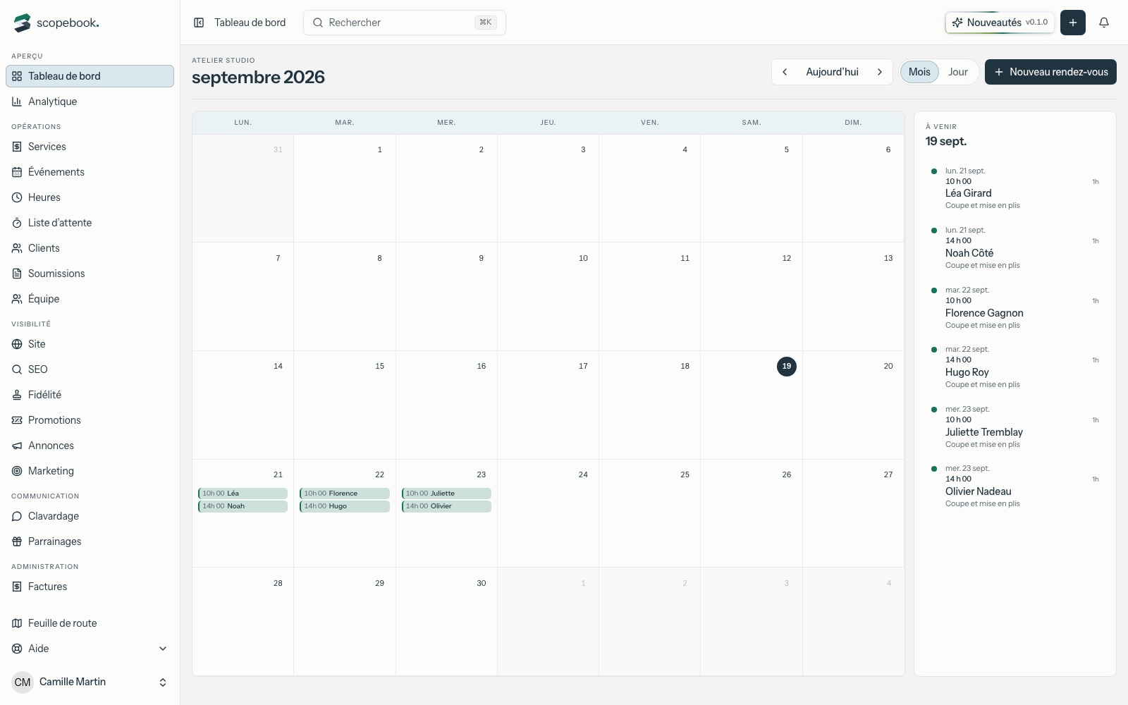 Calendrier mensuel scopebook avec les rendez-vous à venir.
